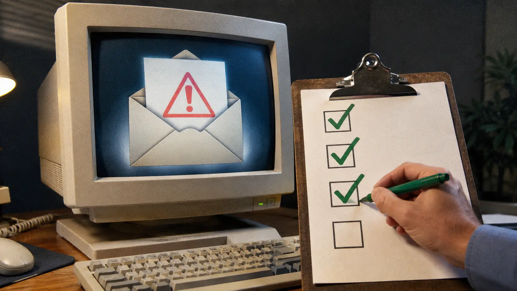Illustration: Warnsymbol in einer E-Mail auf einem Monitor neben einer Papiercheckliste