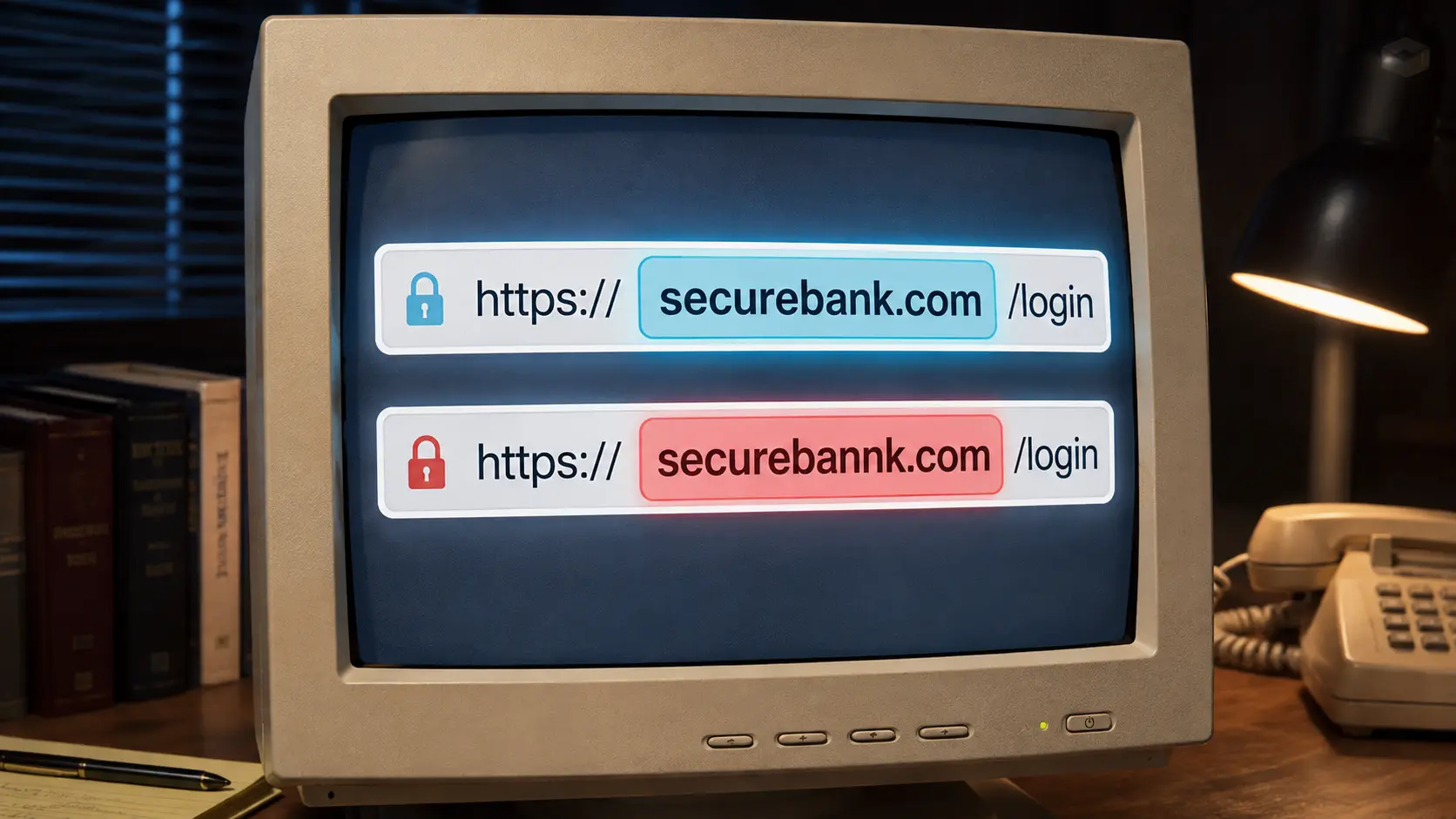 Illustration: Monitor mit zwei ?hnlich geschriebenen, farblich hervorgehobenen Domains