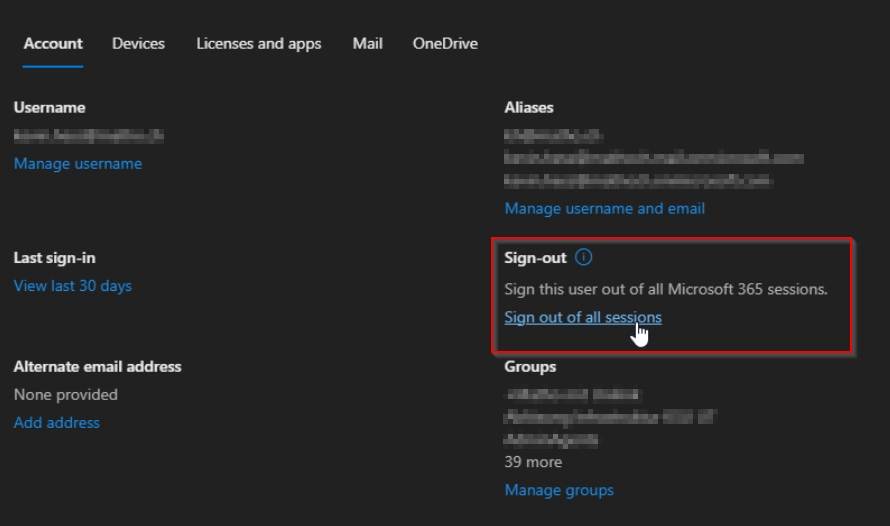 Microsoft 365 Admin Center: Sign out from all sessions