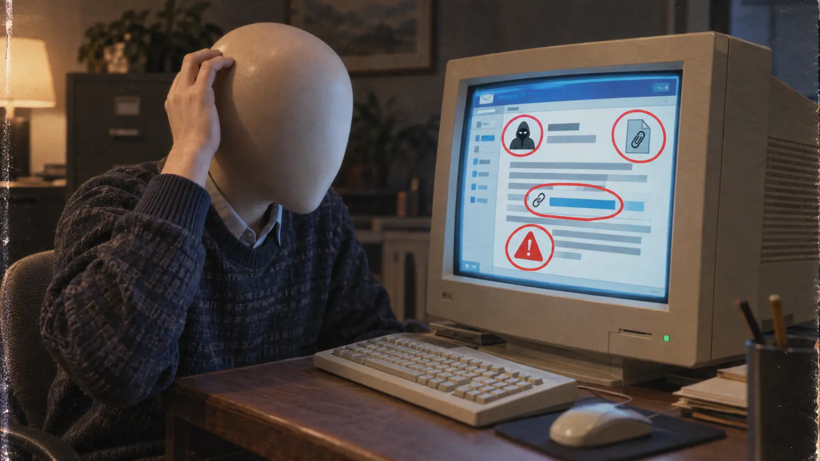 Illustration: Person vor einer E-Mail mit markierten Absender-, Anhang- und Linksymbolen