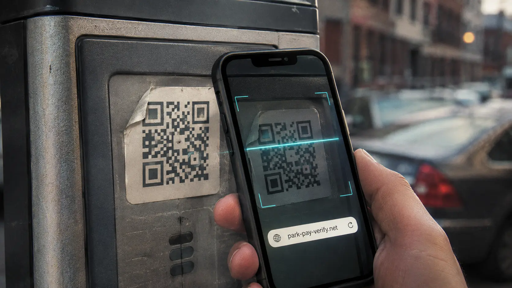 Smartphone scannt einen QR-Code an einem Parkautomaten und zeigt eine verdächtige Zieladresse